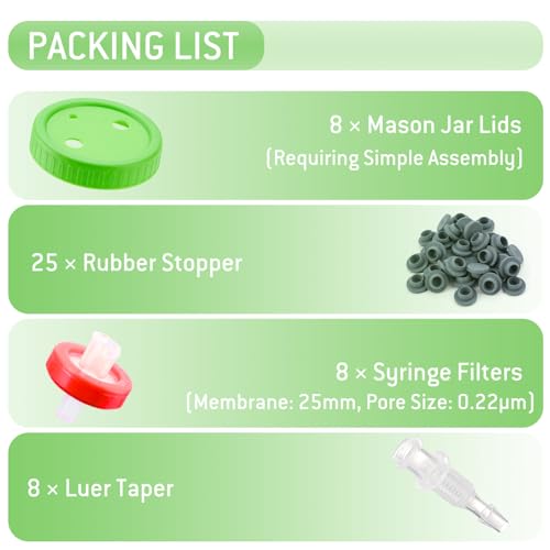 FOUR E'S SCIENTIFIC 8 Pcs Mason Jar Lids | With 8 PTFE 0.22μm Filters & 25 Rubber Stoppers, Fit 86mm Wide Mouth Mason Jars