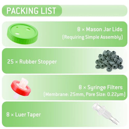 FOUR E'S SCIENTIFIC 8 Pcs Mason Jar Lids | With 8 PTFE 0.22μm Filters & 25 Rubber Stoppers, Fit 86mm Wide Mouth Mason Jars