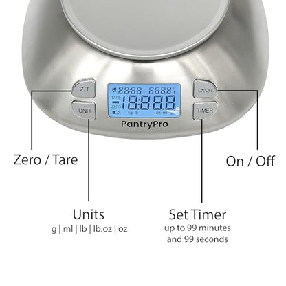 Stainless Steel Digital Kitchen Scale w. Bowl - for Food Coffee Lab - LCD Display gram Ounces lb:oz lb ml - 12 LBS/5.5 KG Capacity - Battery Included - Silver by The Display Guys - color: Stainless Steel - Silver