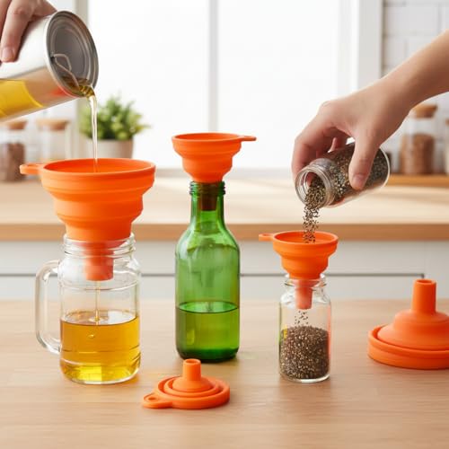 4 Pack Silicone Collapsible Kitchen Funnel for Water Beer Oil Filling Bottles ，Foldable Silicone Funnel Set – Collapsible Small & Large Funnels, Water Bottles & Liquid Transfer – Food Grade（Orange） - color: orange