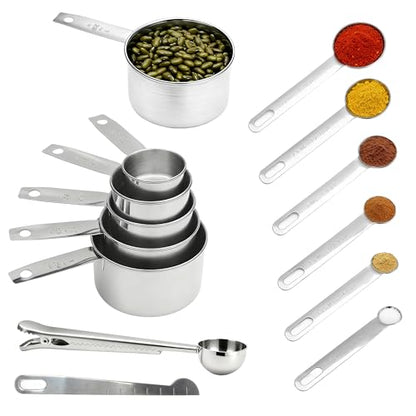 Measuring Cups and Spoons Set of 13, Stainless Steel 5 Nesting Measure Cups Set & 6 Measuring Spoons Set & 1 Leveler +1 Spoon Clip - Kitchen Baking Tools for Cooking.