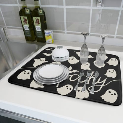 Halloween Dish Drying Mat for Kitchen Counter 18x24 Cute Ghost Black Spooky Holiday Scary Theme Absorbent Reversible Microfiber Drying Mats Kitchen Countertop Protector Dishes Drainer Pad - size: 18" x 24"