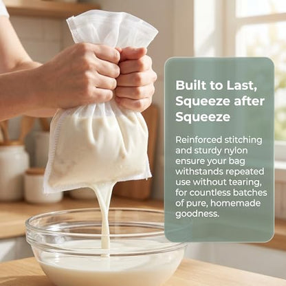 6 Pack Cheesecloth Filter Bags, 12 x 8 Inch Reusable 100 Mesh Nylon Food Strainer Bags with Drawstring, Food Grade Filter Bags for Juice, Yogurt, Nut Milk, Coffee and Cheese Making