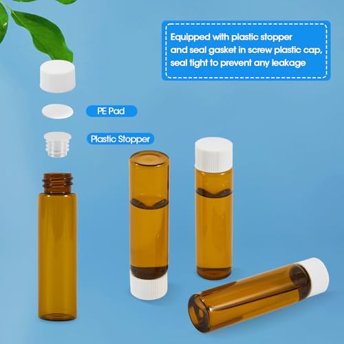 12PCS 20ml Amber Glass Vials with White Screw Caps and Plastic Stoppers, Leak-Proof Small Liquid Sample Bottles for Essential Oils, Perfumes, Reagents - color: AMBER, size: 20ml