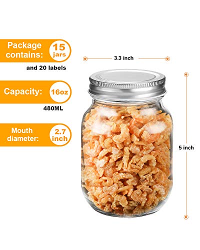 Rainforce 16 oz Mason Jars With Lids Regular Mouth 15 Pack-16oz Glass Jars with Silver Lids,Bulk Pint Clear Glass Jars For Meal Prep, Food Storage With 20 Labels - color: Silver