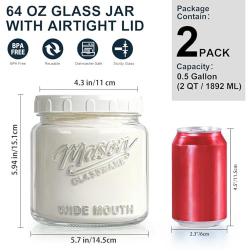 2 Pack Glass Jar with Lid, Half Gallon Mason Jar Wide Mouth for Pantry Storage, Flour, Pasta, Cookie, Candy, Fermenting, Pickle - Airtight Glass Storage Jars for Fridge w 2 Scale Marks(64 Oz)