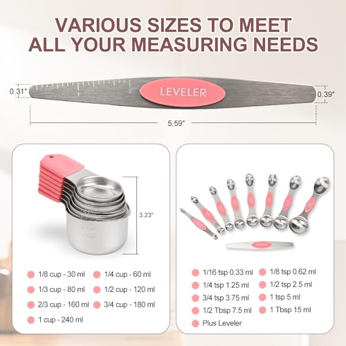 16-Piece Stainless Steel Measuring Cups and Spoons Set, Strong Magnetic Nesting Design 7 Cups 8 Spoons with Leveler, Double Measurement Markings for Dry & Liquid Ingredients, Pink - color: 16-Piece Pink