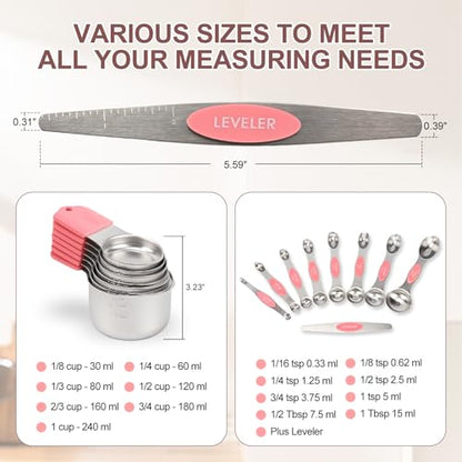 16-Piece Stainless Steel Measuring Cups and Spoons Set, Strong Magnetic Nesting Design 7 Cups 8 Spoons with Leveler, Double Measurement Markings for Dry & Liquid Ingredients, Pink - color: 16-Piece Pink