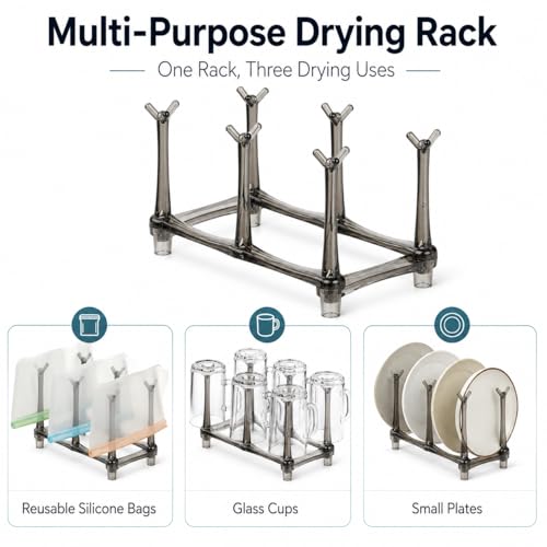 Plastic Bag Drying Rack, 6-Branch Stand for Reusable Bags, Bottle Drying Rack,Cup Drying Rack, Compact Countertop Organizer for Kitchen, Gray