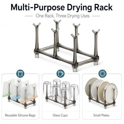 Plastic Bag Drying Rack, 6-Branch Stand for Reusable Bags, Bottle Drying Rack,Cup Drying Rack, Compact Countertop Organizer for Kitchen, Gray