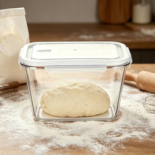 2.6L Sourdough Starter Jar, Airtight Glass Container with Lid, 88 oz Rectangular Wide Mouth Fermentation Jar for Sourdough Bread Baking, White Kitchen Food Storage, Sour Dough Tools Kit