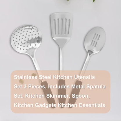 3 Piece Stainless Steel Cooking Utensils Set, Metal Slotted Spoon, Slotted Turner Spatula and Skimmer Set for Cooking, Frying, Serving, Dishwasher Safe - color: B-Silver Cooking Utensils