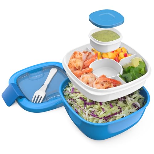 Bentgo Salad Container - 54 oz Bowl with 4-Compartment Toppings Tray, Leak-Proof Dressing Container, Reusable Fork, BPA-Free Lunch Box for Meal Prep & Food Storage; Removable Bento Tray (Blue) - color: Blue