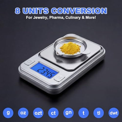 0.01g Accuracy Mini Digital Pocket Gram Scale, Diyife 200g Milligram Scale with Storage Case, 8 Units, LCD Display, Tare Function, Weighs Small Food, Jewelry Scale, Silver - color: Silver