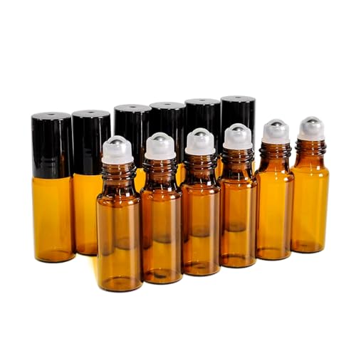 50 PCS 5ml Amber Glass Roller Bottle,Essential Oil Sample Vials with Stainless Steel Roller Ball,Black Caps,for Travel Perfume Cosmetics Small Container(2 Funnels, 2 Dropper, 1 Opener) (5ml) - size: 5ml