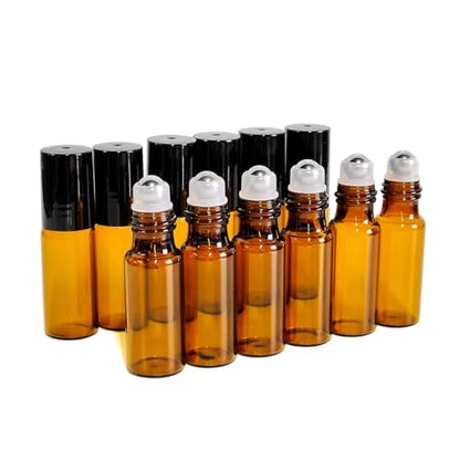 50 PCS 5ml Amber Glass Roller Bottle,Essential Oil Sample Vials with Stainless Steel Roller Ball,Black Caps,for Travel Perfume Cosmetics Small Container(2 Funnels, 2 Dropper, 1 Opener) (5ml) - size: 5ml