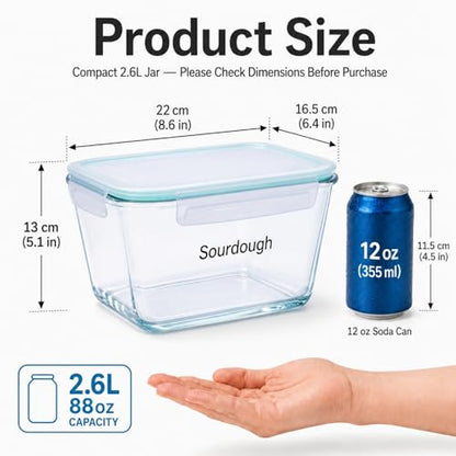 2.6L/88 oz Sourdough Starter Jar, Large Glass Jar with Airtight Lid, Sourdough Bread Baking Supplies, Sour Dough Starter Tools Kit, Wide Mouth Fermentation Jar, Kitchen Food Storage Container