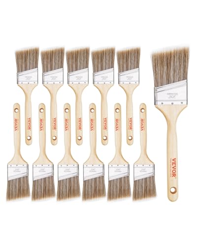 VEVOR Paint Brushes, 12 Piece Angle Paint Brush, Treated Wood Handle, Paint Brush Set for All Latex and Oil Paints & Stains, Wood Stain Brushes for Cabinets, Walls, Fences, Interior & Exterior Use - size: 12 PCS, style: Paint Brush
