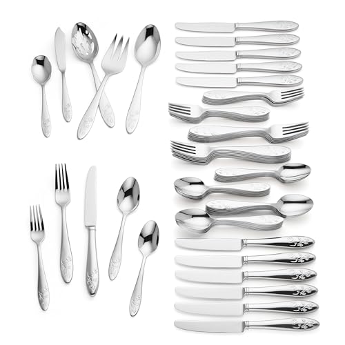 Lenox Silverware Set For 12, Butterfly Meadow 65-Piece Flatware Set, Service For 12, 18/10 Stainless Steel, Dishwasher Safe, Butterfly and Flower Motif, Includes Serving Utensils (Silver, 65 Piece) - style: 65-Piece Flatwate Set