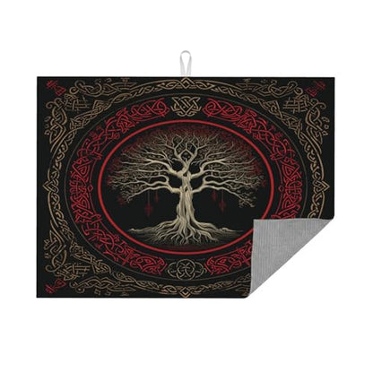 Kitchen Drying Mat for Countertop Gothic Tree Of Life Design Non-Slip Kitchen Counter Mat for Dishes Glassware - color: Red Gold