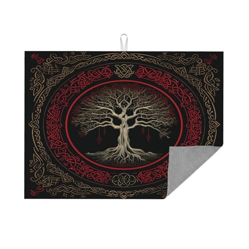 Kitchen Drying Mat for Countertop Gothic Tree Of Life Design Non-Slip Kitchen Counter Mat for Dishes Glassware - color: Red Gold