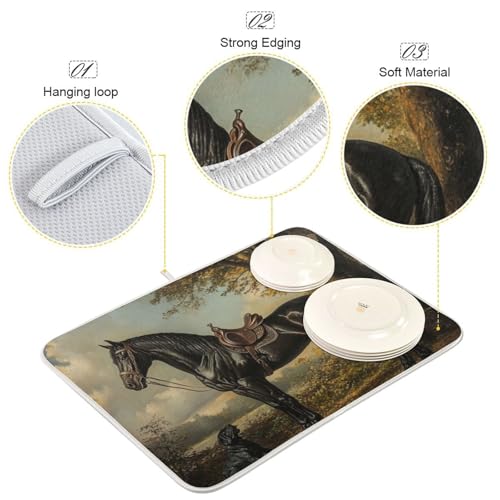 Dog Horse Tree Beige Dish Drying Mat for Kitchen Counter Super Absorbent Draining Mat with Non-slip Backed Drainer Mat for Dish Bottles Cups Bowl Countertops Sinks Draining Racks