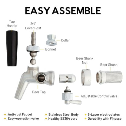 Beer Flow Control Tap, Stainless Steel Core, Adjustable Flow Control Tap for Home Brew or Commercial Keg, Forward Sealing with No Leaks