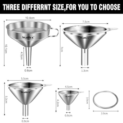 Stainless Steel Funnel, Walfos 4 Pack(4in、3 in、2.2 in、1.7in Kitchen Funnel with 2 Removable Strainer ＆ 1Pcs Cleaning Brush, Perfect for Transferring of Liquid, Oils, Jam, Dry Ingredients & Powder - color: 4pcs 10.4cm+7.5cm+5.5cm+4.5cm