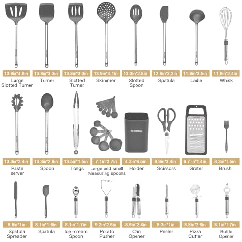 Kitchen Utensil Set-Silicone Cooking Utensils-33 Kitchen Gadgets & Spoons for Nonstick Cookware-Silicone and Stainless Steel Spatula Set-Best Kitchen Tools, Useful Pots (Grey) - color: Gray