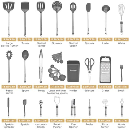 Kitchen Utensil Set-Silicone Cooking Utensils-33 Kitchen Gadgets & Spoons for Nonstick Cookware-Silicone and Stainless Steel Spatula Set-Best Kitchen Tools, Useful Pots (Grey) - color: Gray