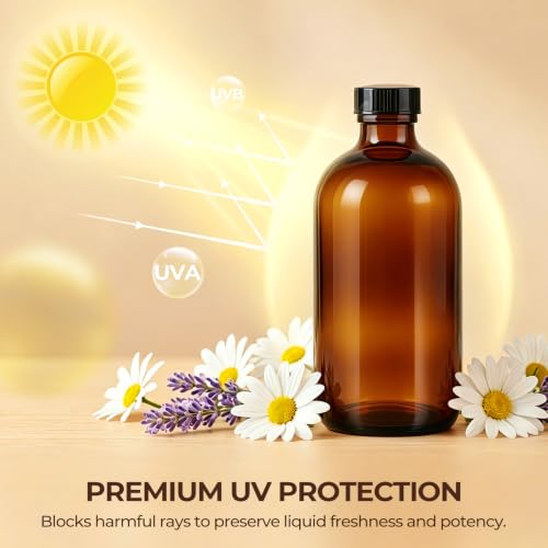 8 Pack 16oz Amber Glass Bottles with Caps and Labels - Large Boston Round Syrup Bottles for Elderberry, Liquid Supplements, Kombucha & Vanilla Extract - Airtight & Leakproof Apothecary Bottles