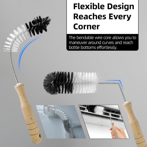 2 Pcs Bottle Brushes Set with Wooden Handle, Long Thin Flexible Bendable Flexible Cleaner for Narrow Neck Bottles, Water/Wine/Beer/Baby Bottles, Pipes, Tubes, Hoses, Teapots - Bendable