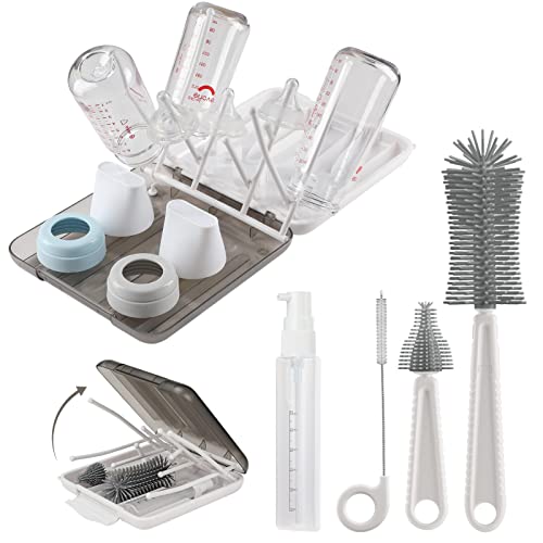 Baby Bottle Brush,6 in 1 Bottle Cleaner Set with Extendable Silicone Bottle Brush,Drying Rack,Nipple & Straw Brushes,Soap Dispenser & Organizer Case,Ideal Gifts for Babies& Moms - color: White