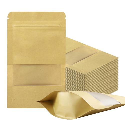 100 PCS Small Resealable Bags, Mini Stand Up Kraft Paper Bags with Matte Window, Zipper Lock Food Storage Bags for Small Business and Home, 3.5x5.5 Inch Reusable Sealable Bags for Packaging - color: Yellow,3.54*5.51 inches