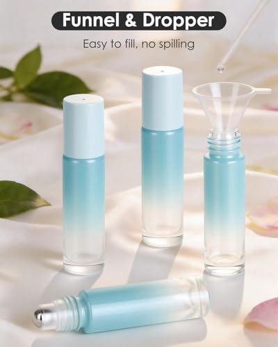 Worldgsb 25 Pack Essential Oil Roller Bottles, 10ml Refillable Glass Roller Bottles with Stainless Steel Roller Balls and Caps for Travel, Perfume and Lip Gloss Blue Gradient - color: Blue-Gradient, style: 25 Pack