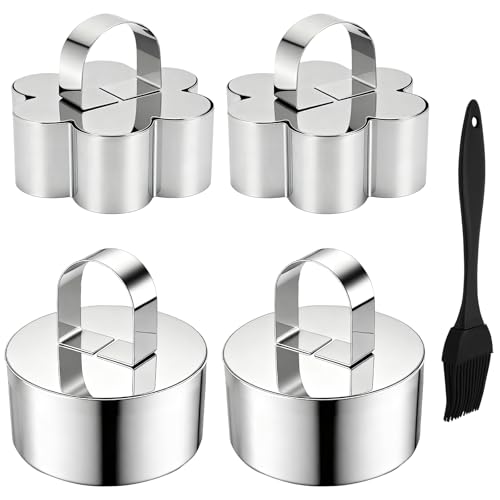 4 Pack Food Molds Set, 3.15-Inch Cake Ring Mold, Stainless Steel Cooking Rings with Pastry Brush for Food Presentation - size: 3.15In-2 Round+2 Flower-Shaped