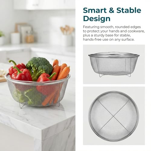 Unomor 9" Stainless Steel Fryer Basket – Mesh Deep Fry Strainer with Handle & Feet for Oil Draining, Steaming Veggies, Pasta, Eggs; Round Wire Insert Fits Most Pots for Home & Party Cooking