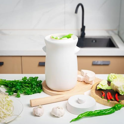 Fermentation Crock 3.8Liter/1 Gallon Stoneware Pot for Fermenting, Pickling Kimchi, Pickles, Vegetables, Kombucha - Glazed Fermenter with Stone Weights, Lid & Pickle Tamper-White Crock - color: White