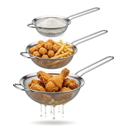 18/8 Stainless Steel Fine Mesh Strainer Skimmer - Heavy-Duty Food-Grade with Heat-Resistant Handle for Frying & Grease Straining, 3 Sets - size: 3-Sets