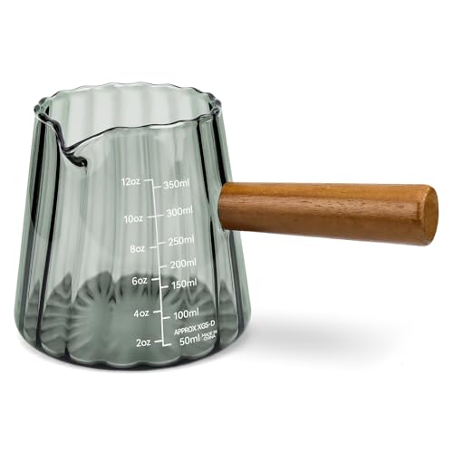 Espresso Measuring Cup 12 Oz, Espresso Glass Cups with Wood Handle, Milk Frothing Cup, Espresso Cup for Coffee, Milk, Tea or Maple Syrup Serving (Gray, 12 oz) - color: Gray, size: 12 oz