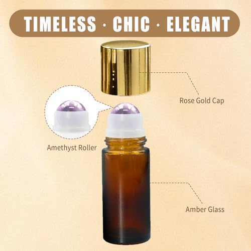 Amethyst Roller Bottles for Essential Oils, 50ml Refillable Amber Glass Roll On Bottles with Natural Crystal Roller Balls, Leak-Proof Travel Perfume Bottle with Gold Caps - color: Purple