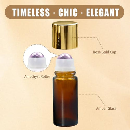 Amethyst Roller Bottles for Essential Oils, 50ml Refillable Amber Glass Roll On Bottles with Natural Crystal Roller Balls, Leak-Proof Travel Perfume Bottle with Gold Caps - color: Purple