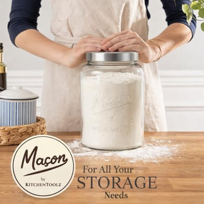 Kitchentoolz Extra Large Mason Jar - 1 Gallon Glass Wide Mouth Jar with Airtight Metal Screw on Lid, Food Storage Container with Measurement Marks For Kitchen Pantry, Pickling, Flour & Sugar Pack of 1