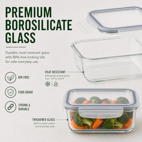 5 Pack 36oz Borosilicate Glass Food Storage Containers Set with Lids, Freezer Meal Prep Containers, Airtight Bento Lunch Container Set, Oven, Freezer and Dishwasher Safe, BPA Free, Kitchen Storage Set - color: transparent