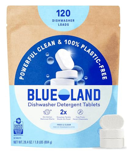 BLUELAND 100% Plastic-Free Dishwasher Detergent Tablets, 120 Count, Free & Clear, Eco-Friendly Dishwashing Pods, Cuts Grease & Stuck on Food, Rinses Clean for Streak-Free Shine - size: 120 Count (Pack of 1)