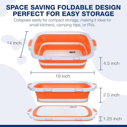 2-Pack XL Collapsible BBQ Prep Tub with Built-In Cutting Board, Lid & Strainer – Marinate, Drain & Prep – Large Food-Safe Container – Perfect for Grilling, Smoking & Outdoor Cooking - color: Orange