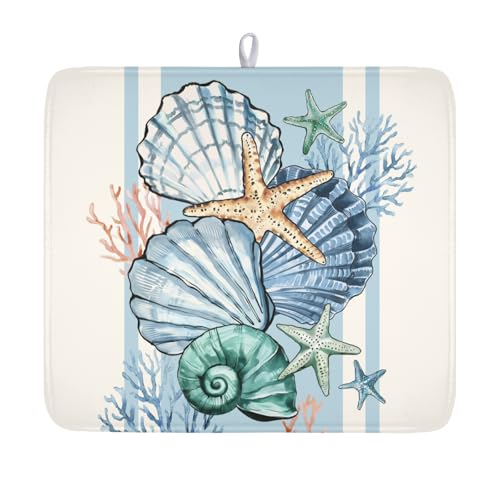 Summer Sea Shell Drying Mat 18x16 Inch, Starfish Drying Mat with Absorbent Reversible Microfiber, Coastal Dish Drainer Mats Holiday Ocean Rack Pad for Coffee Countertop Kitchen Protector - color: Light Blue White, size: 18" x 16"
