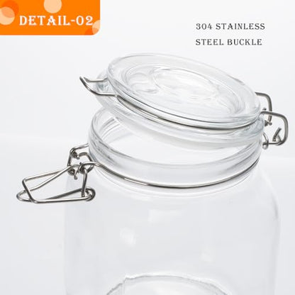 34oz Square Glass Food Storage Jars with Airtight Clamp Lids, 3 Pack Large Kitchen Canisters for Flour, Cereal, Coffee, Pasta and Canning, Mason Jar (Clear 34oz Square - 3 sets) - color: Clear 34oz Square - 3 sets