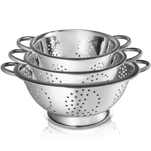 Whysko 3 Pack Stainless Steel Colanders with Handles - 5 Qt, 3 Qt, 1 Qt - Durable Colander for Kitchen Strainers and Colanders Set - Ideal Metal Colander for Pasta, Vegetables, Food Prep