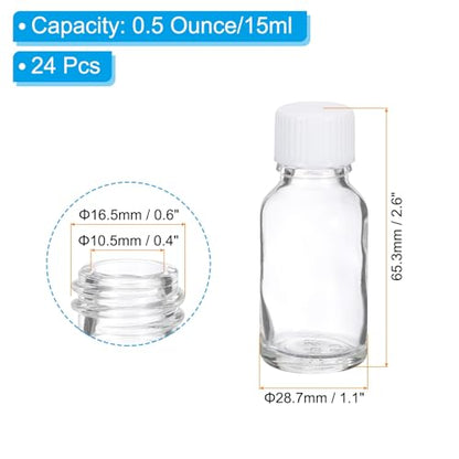 PATIKIL 0.5oz(15ml) Glass Sample Bottles, 24Pcs Round Bottle Dispensing Bottles with Black Poly Cone Cap for Reagent Liquids, Juice, Perfume Hot Sauce Ginger Shots, Transparent - color: Clear,Black, size: 0.5 oz
